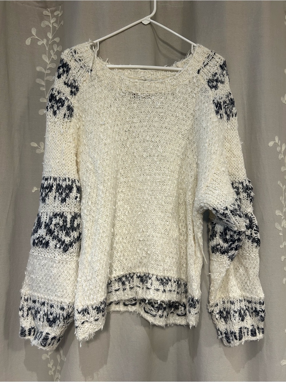 Pilcro Ivory Knit Crewneck Sweater with Black Patterned Accents
